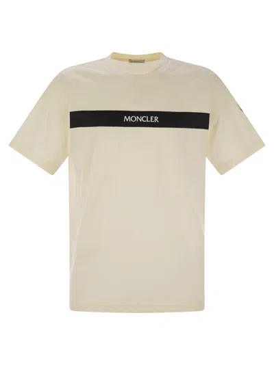 Moncler Men Cotton T-shirt With Rubberised Logo In Cream