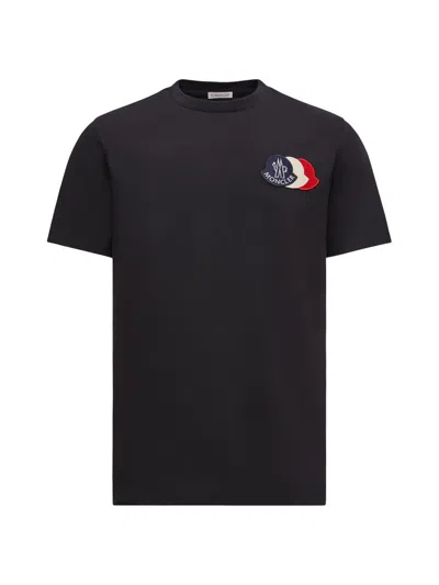 Moncler Blue T-shirt With Embroidered Tricolor Logo In Black