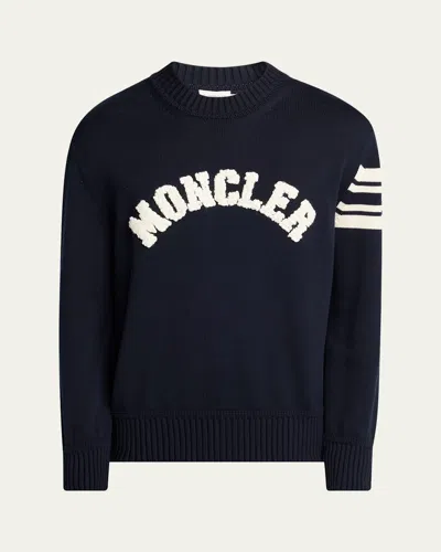 MONCLER MEN'S CURVED LOGO KNIT CREWNECK SWEATER