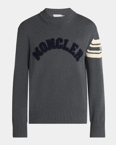 Moncler Men's Curved Logo Knit Crewneck Sweater In Gray