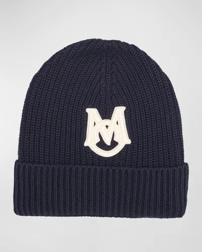 Moncler Cotton Monogram-embroidered Beanie In Navy