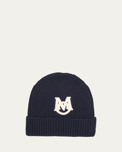 Moncler Men's Interlock Logo Beanie In Navy