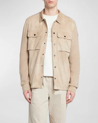 Moncler Men's Knit Overshirt With Lamb Suede In Light Beige
