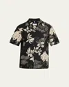 Moncler Men's Leaf-print Camp Shirt In Gray