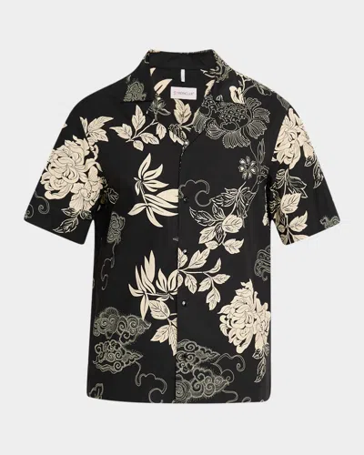 Moncler Men's Leaf-print Camp Shirt In Pastel Grey