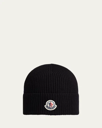 Moncler Men's Logo Cotton Rib Beanie Hat In Black