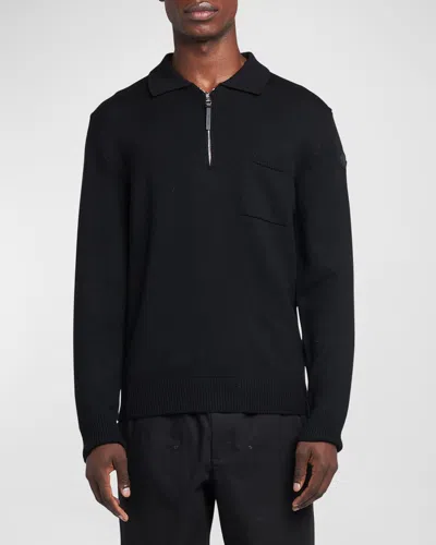 Moncler Men's Long-sleeve Zip Polo Sweater In Black