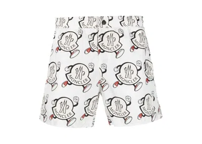 Pre-owned Moncler Men's  Allover Logo Swimshort In White