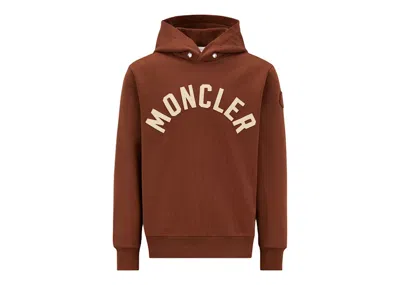 Pre-owned Moncler Men's  Curved Logo Plush Cotton Hoodie In Mocha Brown