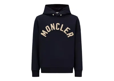 Pre-owned Moncler Men's  Curved Logo Plush Cotton Hoodie In Night Blue