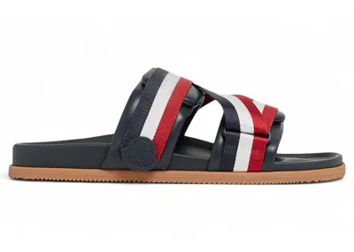 Pre-owned Moncler Men's  Mon Summer Leather Slides Red White Gum Sneakers In Navy Blue