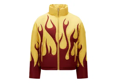 Pre-owned Moncler Men's  X Palm Angels Clancy Short Down Jacket In Burgundy/yellow