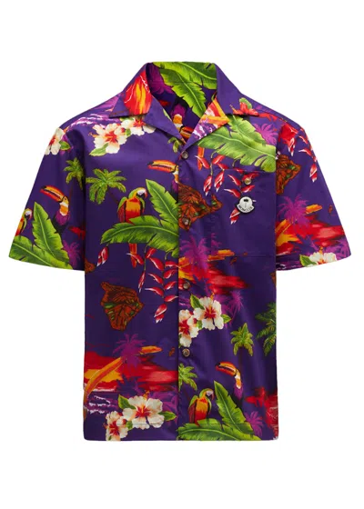 Pre-owned Moncler Men's  X Palm Angels Hawaiian Print Short Sleeve Shirt In Purple Print