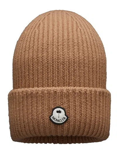 Pre-owned Moncler Men's  X Palm Angels Patched Ribbed Beanie In Camel In Brown