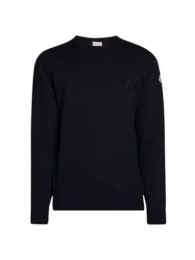Moncler Men's Monogram Cotton Crewneck Sweater In Black