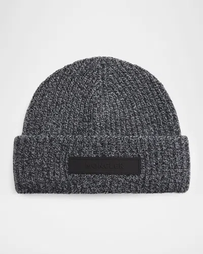 Moncler Men's Mouline Knit Rubber-logo Beanie Hat In Black