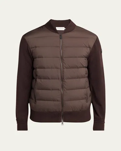 Moncler Men's Padded Nylon Knit-sleeve Cardigan In Brown