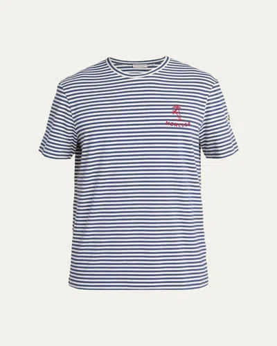 Moncler Men's Palm Logo Striped Short-sleeve T-shirt In Blue
