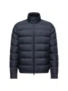 Moncler Quilted Down Jacket With High Collar And Logo Patch In Blue