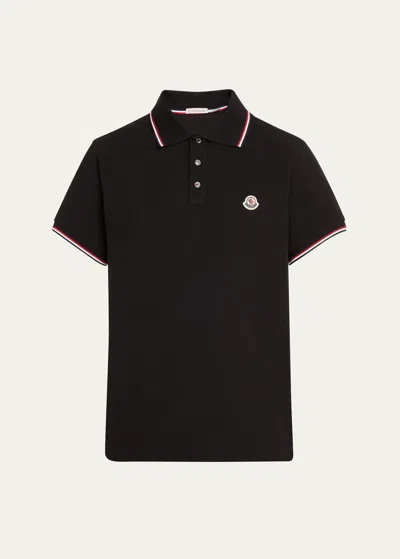 Moncler Men's Pique Logo Patch Polo Shirt In Black