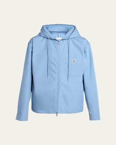 Moncler Men's Pocket-logo Poplin Full-zip Hoodie In Blue