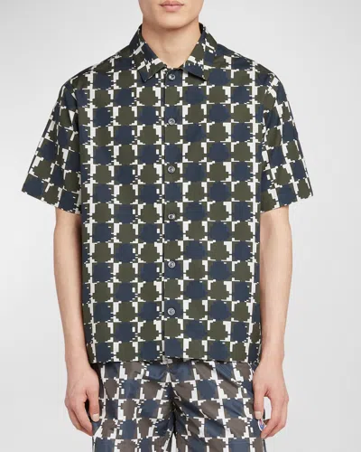 Moncler Men's Printed Monogram Poplin Shirt In Blue