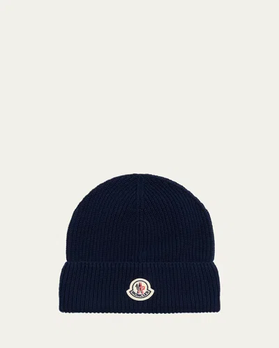Moncler Men's Ribbed Cotton Beanie In Blue