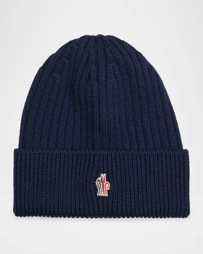 Moncler Men's Ribbed Wool Beanie In Blue