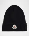 Moncler Men's Ribbed Wool Logo Beanie Hat In Black