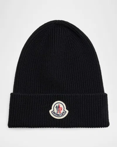 Moncler Men's Ribbed Wool Logo Beanie Hat In Black