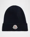 Moncler Men's Ribbed Wool Logo Beanie Hat In Blue