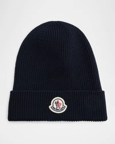 Moncler Men's Ribbed Wool Logo Beanie Hat In Blue