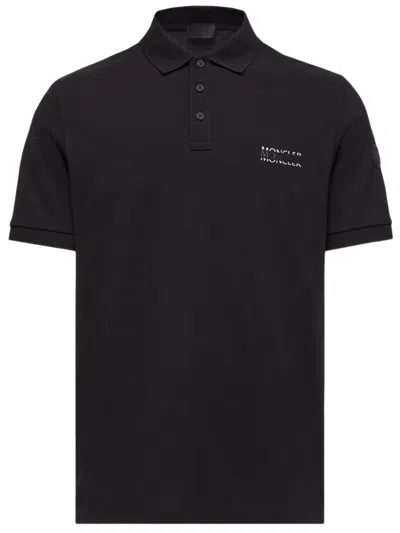 Moncler Men's Short Sleeve Cotton Pique Polo With Woven Trim In Black