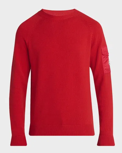 Moncler Men's Sleeve-pocket Knit Crewneck Sweater In Red