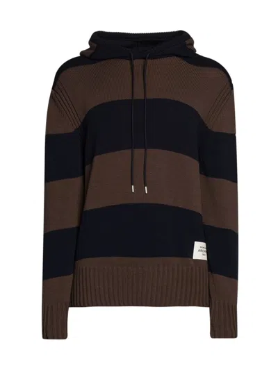 Moncler Men's Cotton Striped Knit Hoodie In Blue Brown