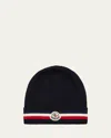 Moncler Men's Striped-trim Wool Beanie In Navy