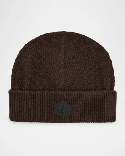Moncler Men's Tonal Wool Logo Beanie In Brown
