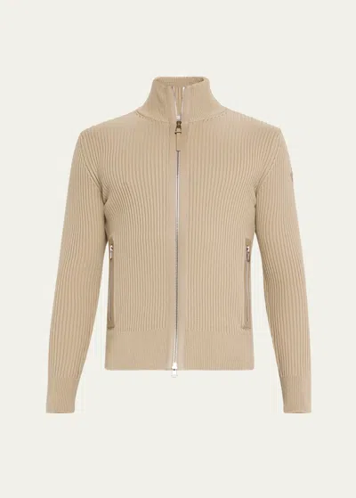 Moncler Men's Ultra-fine Ribbed Zip Cardigan In Medium Beige