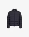 Moncler Quilted Down Jacket With High Collar And Logo Patch In Navy