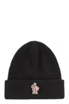 Moncler Grenoble Black Ribbed Beanie With Logo Patch In Wool Man In Black