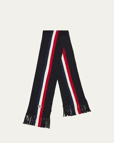 Moncler Men's Wool Tricolor Stripe Fringe Scarf In Black