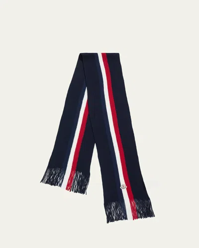 Moncler Men's Wool Tricolor Stripe Fringe Scarf In Multi
