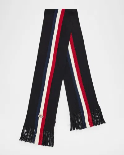 MONCLER MEN'S WOOL TRICOLOR STRIPE FRINGE SCARF