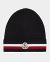 Moncler Men's Wool Tricolor Wool Knit Beanie Hat In Black