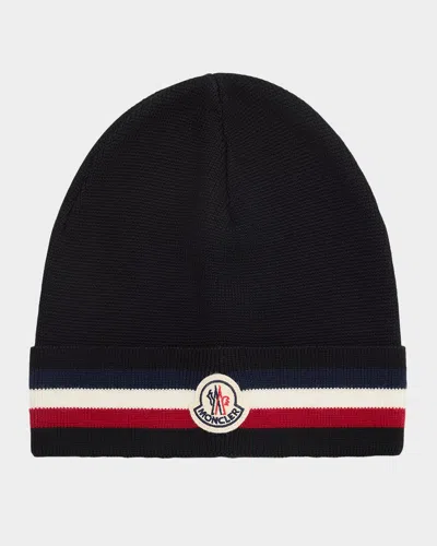 Moncler Men's Wool Tricolor Wool Knit Beanie Hat In Black