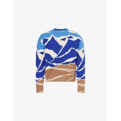 Moncler Mens Blue Graphic Crew Neck Knitted Wool Jumper