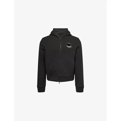 MONCLER MENS CHARCOAL ZIP-UP FLOCKED-APPLIQUÉ COTTON-JERSEY HOODY