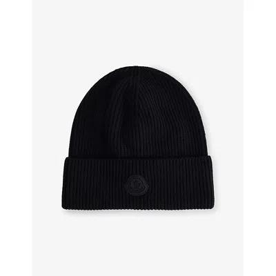 Moncler Mens Contrast Badge Wool Beanie Black