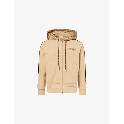 Moncler S  Logo-patch Striped-panel Cotton Hoodie In Neutral