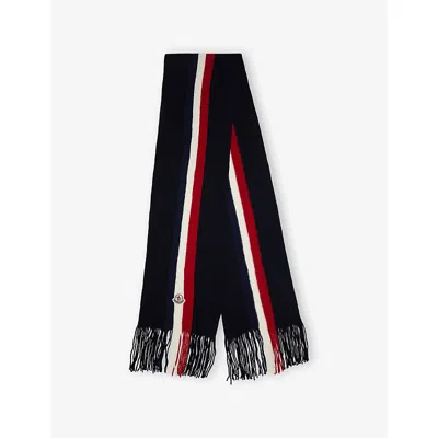 MONCLER MENS NAVY TRICOLOUR FRINGED WOOL SCARF